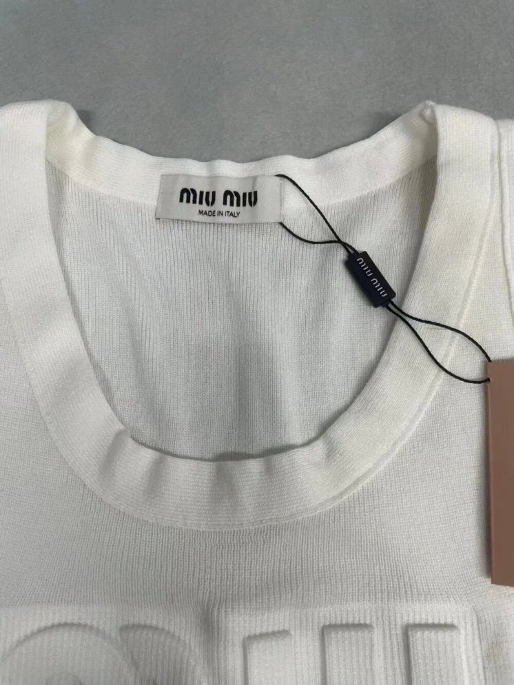 Miu Miu White Ribbed Knit Tank Top w/ 3D Embossed Logo - Picture 5 of 5